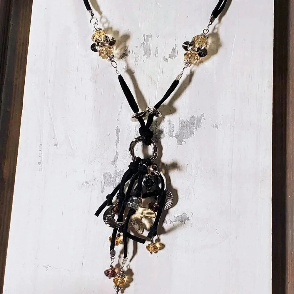 Champagne Silver Beads Starfish Pendant Black Vegan Suede Necklace